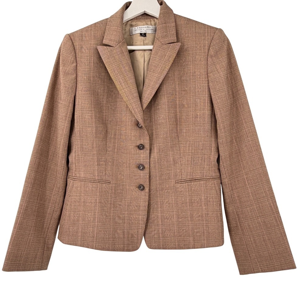 Tahari Arthur S Levine Blazer Womens 6P Brown Glen Plaid Wool Petite Jacket